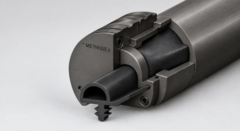 Symbolische Schnittdarstellung eines EPDM-Extrusionskopfs mit schwarzer Kautschukmischung und einem Dichtungsprofil mit einer Hohlkammer.