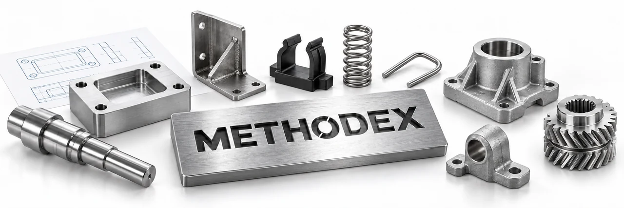 Symbolische Anordnung von CNC-Teilen, einer geschweißten Konsole, einem Kunststoffklips, Feder- und Drahtteilen, Gussgehäusen und einem doppelschrägverzahnten Zahnrad um eine Metallplatte mit eingearbeitetem METHODEX-Logo.